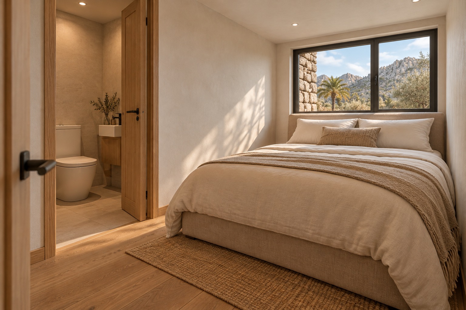 Interior concept view of the compact stone extension with a double bed on the right and a separate private WC on the left.