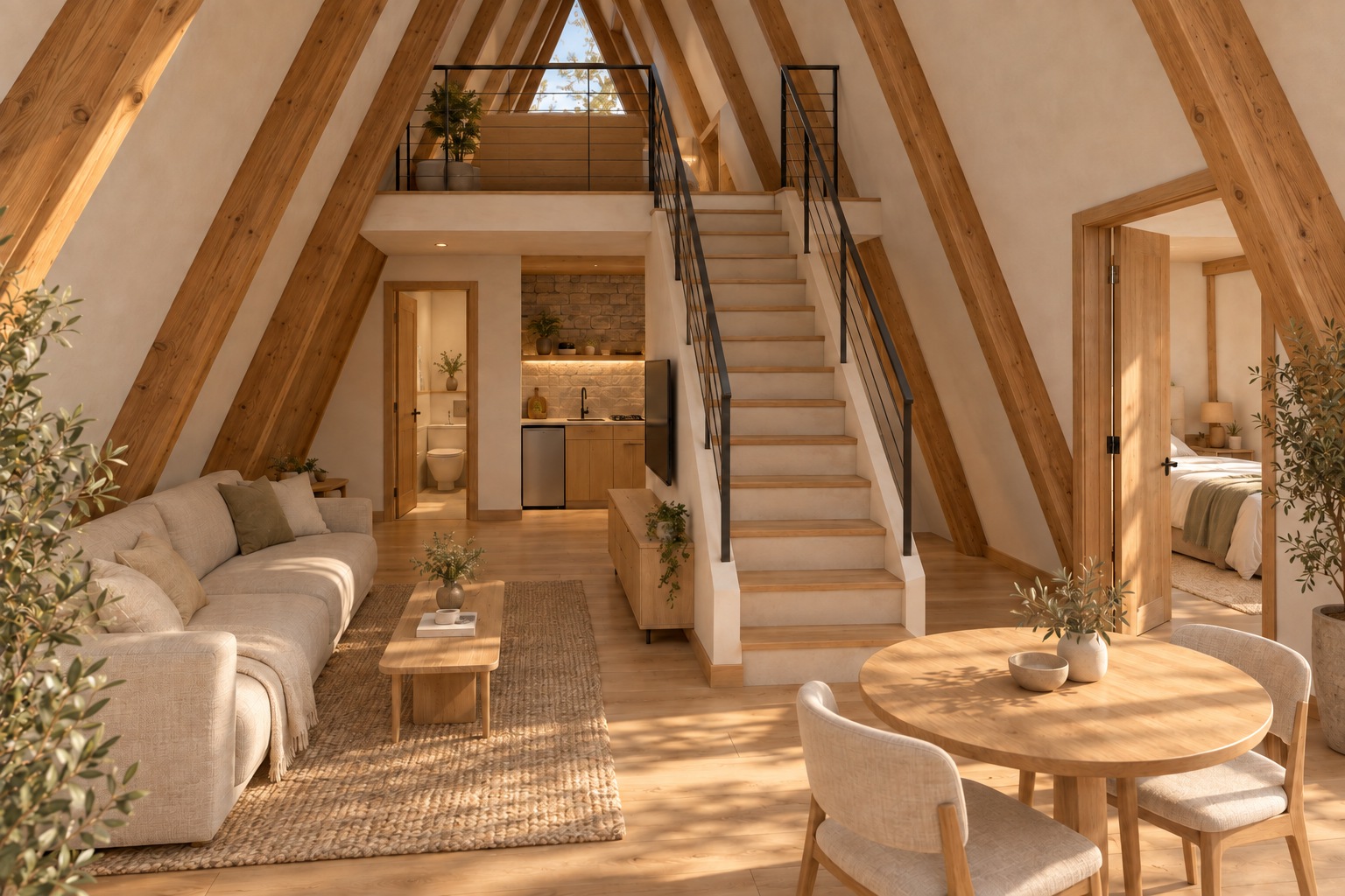 Interior concept view of the A-Shape main room with sofa on the left, a central-right straight stair, rear kitchenette and guest WC, and a side door to the extension bedroom.