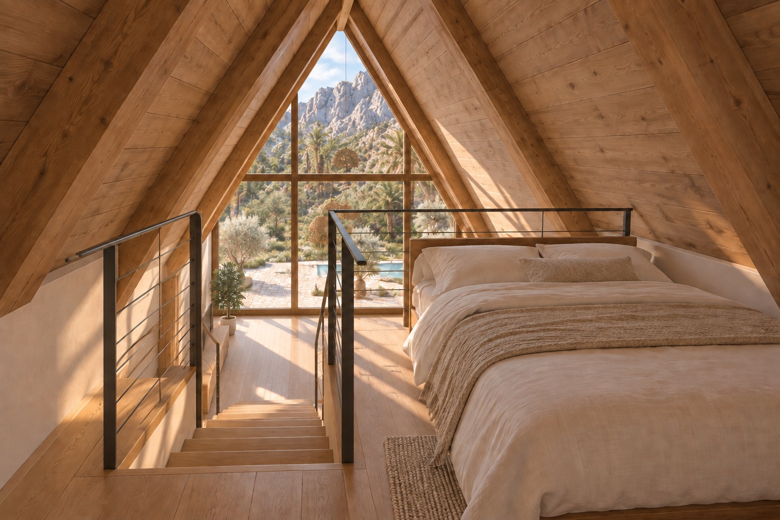 Interior concept view from the mezzanine rear landing, with the bed on the right, stair opening on the left and front A-frame glazing beyond.
